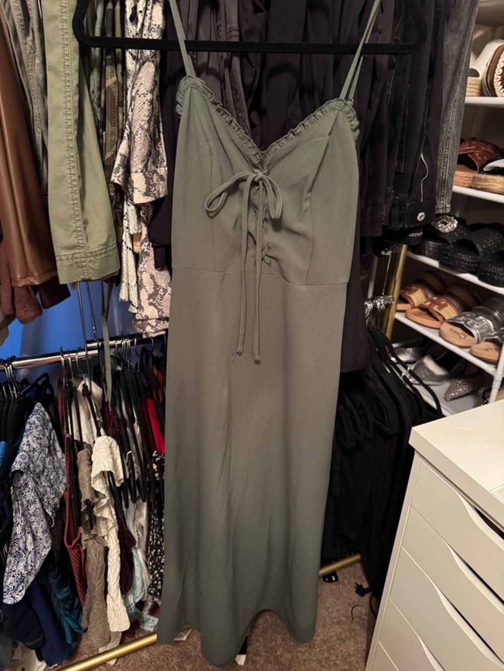 Olive Green Tie-Front Spaghetti Strap Maxi Dress